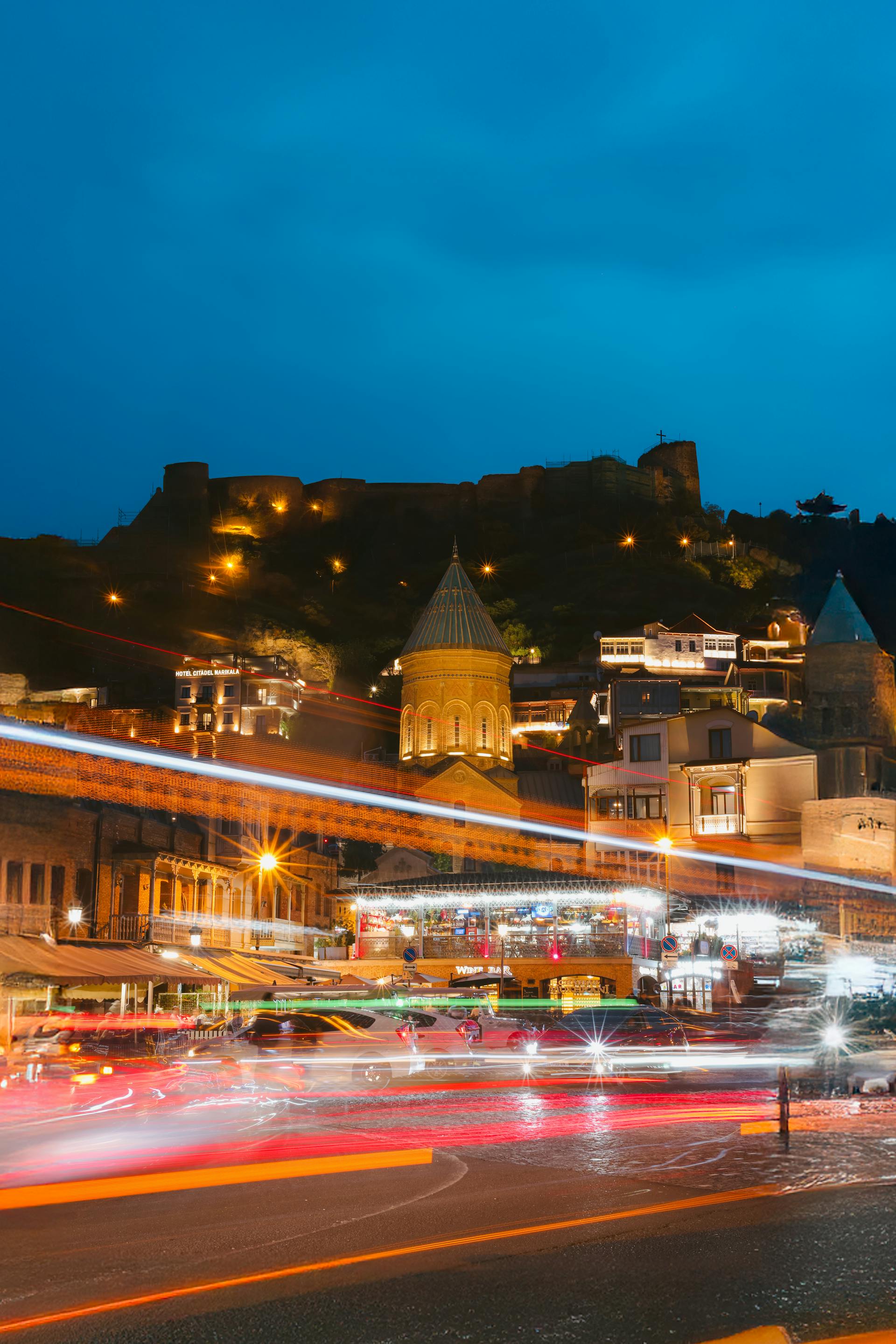 Tbilisi Narikala fortress illuminated at night